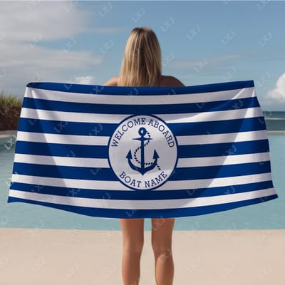 Gepersonaliseerde Custom Bootnaam Strandlaken Nautisch Gestreept Badlaken Voor Volwassenen Zacht Sneldrogend Perfect Voor Reizen En Zwembad 50X100CM&1pc