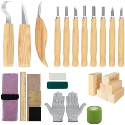 PromoHome 29-delige Professionele Houtsnijgereedschapsset met Houtsnijmessen, Houten Blokken, Slijpstenen en Veiligheidsuitrusting - Complete Kit voor Houtsnijwerk