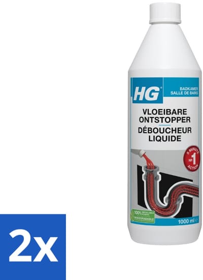 2 x HG Vloeibare Ontstopper 1 liter - Badkamer Ontstopper - Verstopping Oplossen - HG Ontstopper - Vloeibare Ontstopper - Wasbak Ontstopper