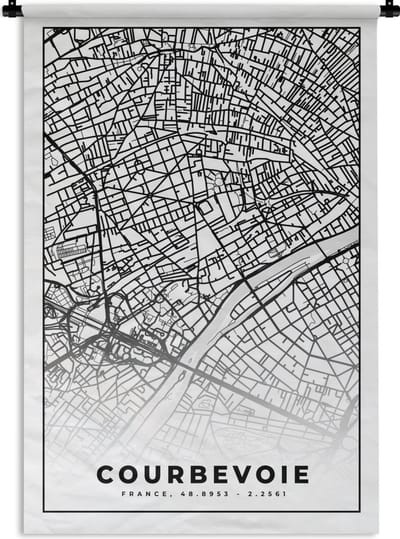 Wandkleed - Wanddoek - Kaart - Stadskaart - Frankrijk - Courbevoie - Plattegrond - Zwart wit - 120x180 cm - Wandtapijt