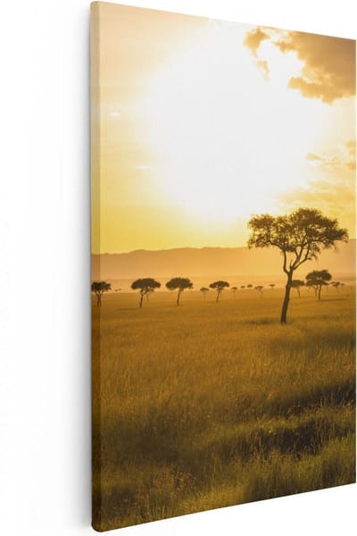 Artaza Canvas Schilderij Zonsondergang Afrika - 20x30 cm - Klein - Wanddecoratie Savanne - Muurdecoratie Boom - Kamer Accessoires Natuur