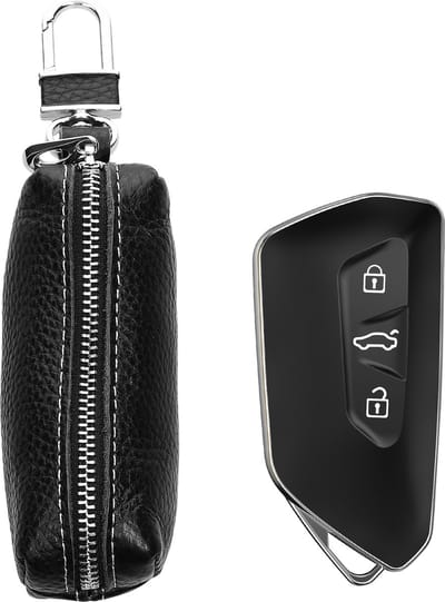 kwmobile autosleutel hoesje geschikt voor VW Golf 8 ID.03 / ID.04 / Audi 3 Knoppen / Lancia 3 Knoppen etui - Sleutelcover tasje van leer - Met sleutelhanger - Auto sleutel behuizing in zwart
