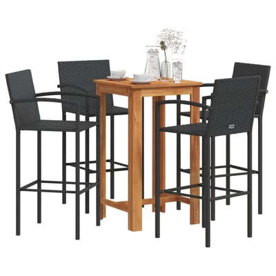 vidaXL - 5-delige - Tuinbarset - massief - acaciahout - en - poly - rattan - zwart