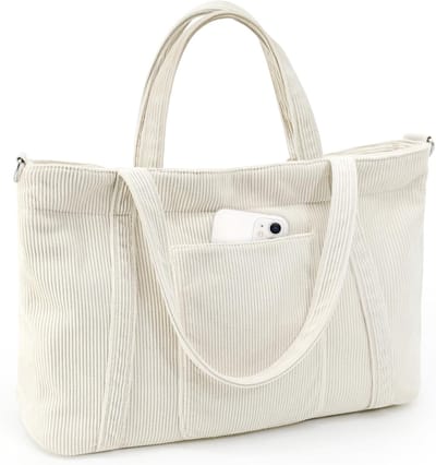Grote Beige Strandtas met Rits, Corduroy Shopper, Handtas voor Werk, Reizen en School