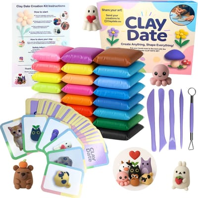 Clay Date™ Official Kit - All-In-One Clay Sculpting Kit - 50 Funny cards set - 36 Airdry Clay - 5 Sculpting Tools - Simple Instructions