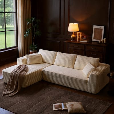 L-front Hoekbank met Slaapfunctie – Modulaire 3-zits Corduroy Bank met Chaise Longue – Comfortabele Sectionele Bank voor Woonkamer – Beige – Groene Montage Nodig – Luxe Pluche Stoffering - Casa Ser...