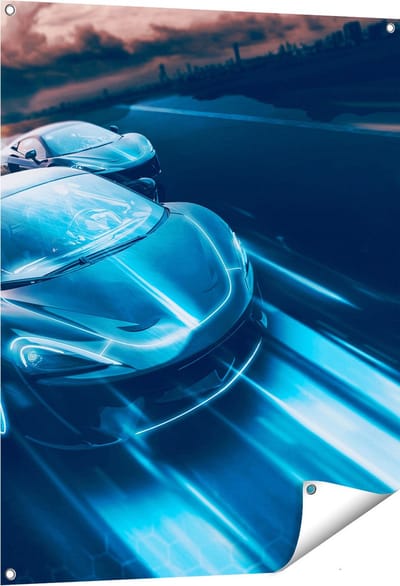 Gards Tuinposter Twee Raceauto's - Abstract - 80x100 cm - Tuindoek - Tuindecoratie - Wanddecoratie buiten - Tuinschilderij