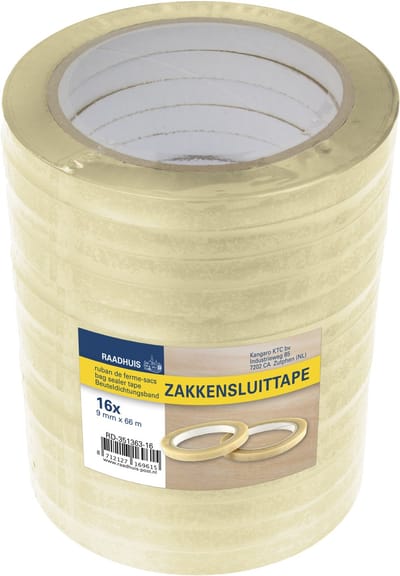 Raadhuis zakkensluittape - transparant PP - 9mm x 66m - krimp met 16 rollen - zakkensluiter tape