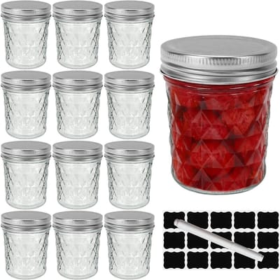 Set van 12 glazen inmaakpotten van 200ml met zilveren deksels voor voedselopslag, conservering en cadeauverpakking