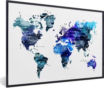 Poster in lijst - Fotolijst 90x60 cm - Posters - Wereldkaart - Blauw - Sterrenhemel - Kinderen - Jongens - Meisjes - Posterlijst zwart - Decoratie - Wanddecoratie woonkamer - Muurdecoratie slaapkamer
