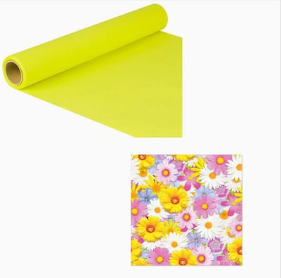 Tafelloper papier "ROYAL Collection" 5 m x 40 cm (1 rol) limoengroen en 20 x tafel Servetten "Daisies Mix" 33x33cm 3 Laags Ecolabel / Papieren servetten – wegwerpservetten Feest/verjaardag/BBQ/Picknick Lente Zomer bloemen