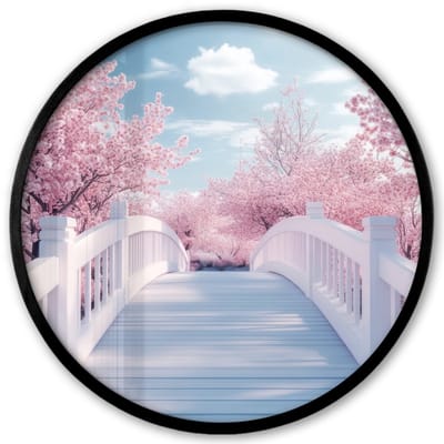 Poster in lijst Rond - Fotolijst 40x40 cm - Posters - Brug - Kersenbomen - Wit - Ronde posterlijst zwart - Decoratie - Wanddecoratie woonkamer - Muurdecoratie slaapkamer