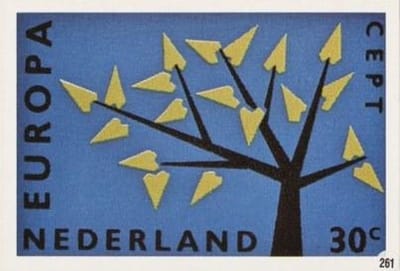 Briefkaart met afbeelding Europa-zegels – Jonge boom met 19 bladeren postzegel
