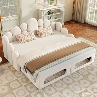 MODENUIT Gestoffeerde slaapbank 180x200 cm – Twee losse bedden en huisdierbed – Met lattenbodem – Zonder matras – Beige