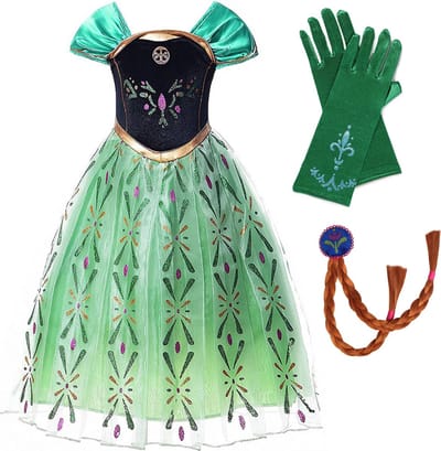 Prinsessenjurk meisje - Anna groene jurk - Het Betere Merk - Prinsessen speelgoed - maat 98/104 - Verkleedkleren Meisje- Prinsessen handschoenen - Vlechtjes - Verjaardag meisje - Carnavalskleren - Kleedmeisje