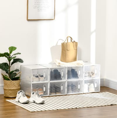 MEUNIQ schoenenkast met 8 vakken, modulair kunststof schoenenrek met deuren en ventilatieopeningen, 25 x 35 x 19 cm per vak, transparant voor hal of berging
