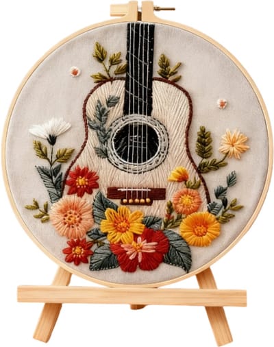 Untamed - PREMIUM Borduurpakket voor volwassenen – DIY decoratie – Creatieve borduurset – Borduren - Bloemen - Muziek - Golden Guitar