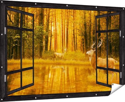 Gards Tuinposter Doorkijk Twee Herten in het Bos bij het Water - 180x120 cm - Tuindoek - Tuindecoratie - Wanddecoratie buiten - Tuinschilderij