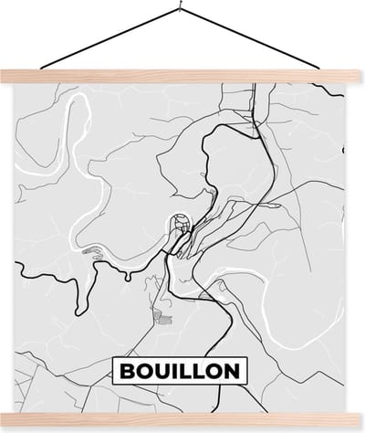 Posterhanger incl. Poster 40x40 cm - Schoolplaat - Zwart Wit – België – Plattegrond – Stadskaart – Kaart – Bouillon - Textielposter - Blanke latten - Stadskaart
