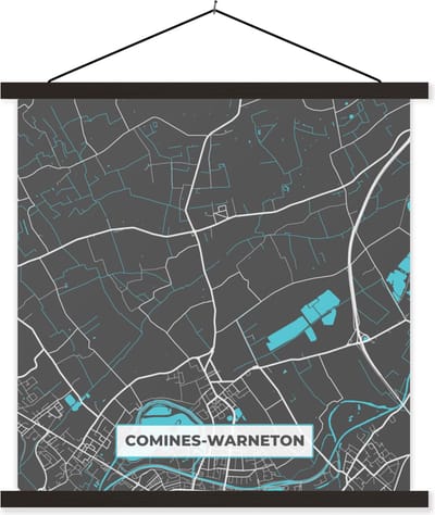 Posterhanger incl. Poster 60x60 cm - Schoolplaat - Stadskaart – Grijs - Kaart – Comines Warneton – België – Plattegrond - Textielposter - Zwarte latten - Stadskaart