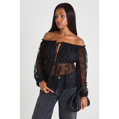 boohoo Dames Kanten Bardot blouse met strik aan de voorkant | Zwart | Maat: 34