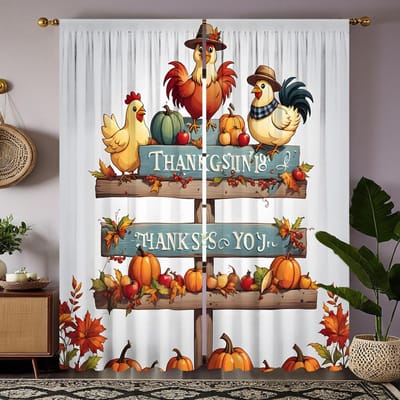 2 stuks HD Thanksgiving Haan Hen Standaard Pompoen gordijn Gele stropdas digitaal bedrukt gordijn Woondecoratie stijl Versier woonkamer W52H63inchW132H160cm gray