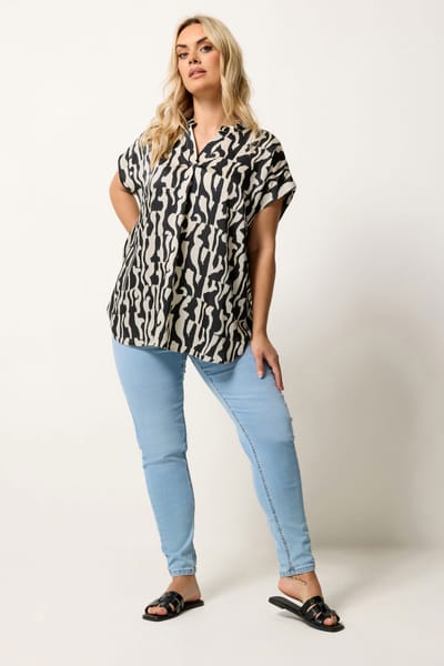 Yours Zwarte Blouse Met Abstracte Print En Plooien Size 42