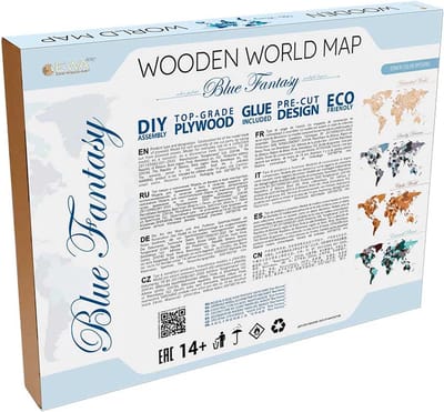 Eco-Wood-Art World Map Blue Fantasy S – Houten Wereldkaart Wandpuzzel – 114 Onderdelen