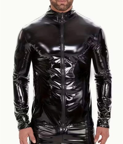 BamBella® - Shirt - Maat S/M - zwart Heren goth gothic sexy Glans kleding mix van Latex en stof Datex