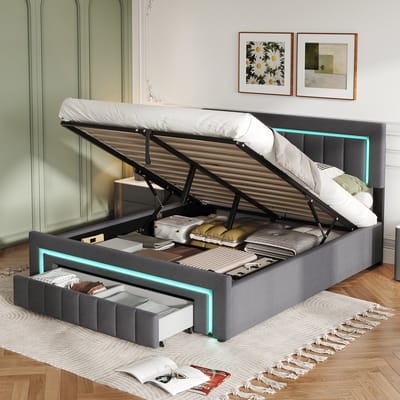 STILVORA Fluwelen Bed 140x190 Cm - Met Opbergruimte En Laden, LED Verlichting - Donkergrijs