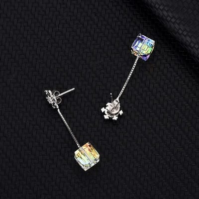S925 Sterling Zilver Tesseract Kristal Oorbellen Oorbellen Vierkant Suiker Oorbellen Vierkante Studs Sneeuwvlok Lange Kwastjes Oorhaakjes black