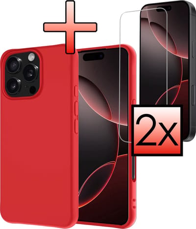 Hoesje - Met 2x Screenprotector - Geschikt voor Apple iPhone 16 Pro - Sterk & Shockproof - Back Cover - Siliconen Case - Telefoon Hoes - Rood