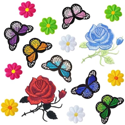 QTTVBTNA - 16 Stuks Geborduurde Bloemen Lapjes, Zonnebloem & Vlinder Strijk- en Naadapplicaties - Rozen Borduurwerk voor Kleding & Tassen - DIY Knutsel Lapjes voor Jassen, Jeans & Accessoires