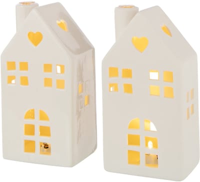 J-Line vaas Huis - keramiek - wit - 2 stuks - LED