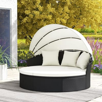 Rond Zonne-eiland 187x180x157 cm met Zonnedak – Luxe Modulaire Rotan Loungeset voor 2-3 Personen met Kussens – Tuinschelp Daybed Outdoor Zwart Beige – Urbanhome