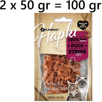flamingo hapki kattensnack - duck strips soft - 50 gr - *** 2 X ** = 100 gram - glutenvrij - geen toegevoegde suiker