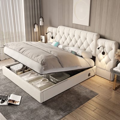 Sweiko Tweepersoonsbed - 160 x 200 cm - PU materiaal - USB-aansluiting - 2 leeslampjes - Opbergruimte - Beige