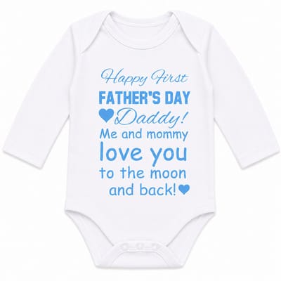 Baby Rompertje zoon jongen tekst papa eerste Vaderdag cadeau van mama | Happy first father’s Day daddy me and mommy love you to the moon and back | lange mouw | wit blauw | maat 50-56 | mooiste cadeautje kind cadeautje liefste lief leukste