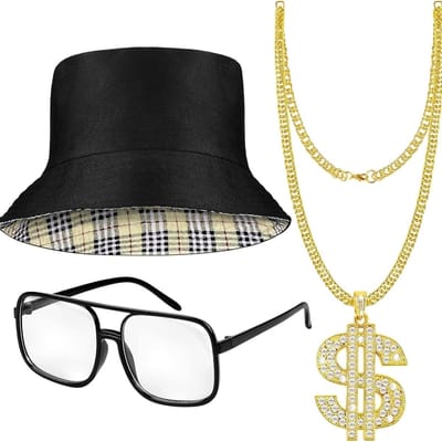Hip Hop Kostuum Set voor Mannen en Vrouwen - Dollar Hanger, Zonnebril en Bucket Hat - Vintage Rapper Accessoires voor Feestjes en Festivals