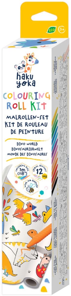 Haku Yoka: KLEURROL KIT / DINO WERELD 30x300cm, inclusief 12 waskrijtjes in spiraalvorm, afscheurbaar en zelfklevend, bevat 10% bijenwas, in doos 6,5x6,5x35cm, 3+