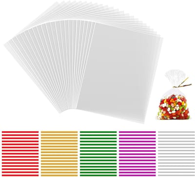 Dailygoods - Anstore Cellofaanzakjes, groot, 15 x 20 cm, 200 transparante cellofaanzakjes met 200 kleurrijke metalen bindbanden voor bruiloft, Kerstmis, transparante cadeauzakjes, kinderverjaardag, zakjes