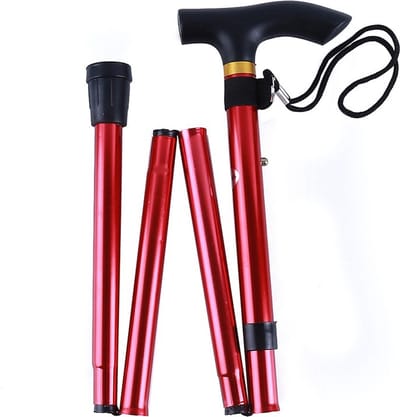 Opvouwbare wandelstok, 5-standen verstelbare hoogte wandelstok lichtgewicht draagbare wandelstok reisstok met polsband en T-handgreep voor oudere gehandicapte mannen vrouwen, verstelbaar 84 - 93 cm, - rood