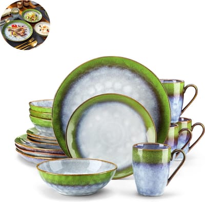 Luxe Serviesset – 16 delig – 4 persoons – Porselein - Bordenset – Dinner platen – Dessertborden - Kommen -Pastabord - Groen
