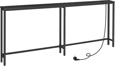 HOMESY Smalle consoletafel met stekkerdoos, 200 x 20 x 80 cm, consoletafel met laadstation, smalle banktafel, console achter de bank, voor entree, hal, Zwart