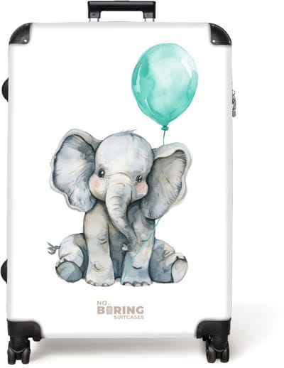 NoBoringSuitcases.com® - Koffer groot - Reiskoffer lichtgewicht - Olifant met blauwe ballon - Rolkoffer met 4 wielen - Grote trolley XL - 98 liter bagage