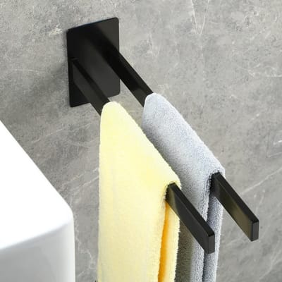 Zwarte handdoekhouder zonder boren, zelfklevend wandmodel, dubbele handdoekhaak voor badkamer en keuken, 40 cm