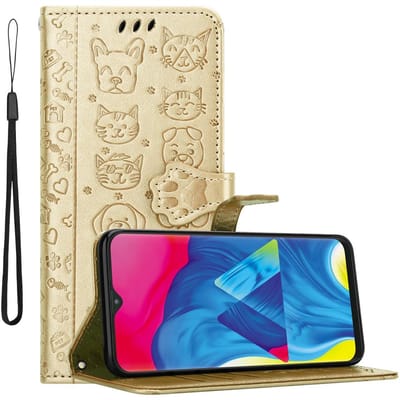 Cadorabo Hoesje geschikt voor Samsung Galaxy A10 / M10 in SHINY GOUD - Beschermhoes honden en katten met standfunctie en kaartsleuven Book Case Cover Etui