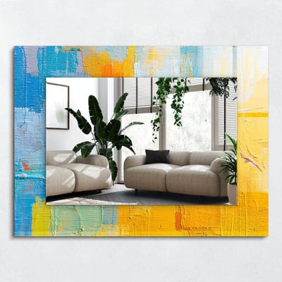 Wallfluent Spiegel - Abstracte Olieverfschilderij Spiegel op gehard Glas - 80x60 cm - Geel Vierkante Spiegel - Decoratieve spiegel - Badkamerspiegel - Gangspiegel - Eetkamer - Visagiespiegel - Minimalistische Spiegel