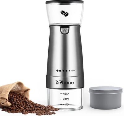 DrPhone AromaCraft – Metalen Koffie Maler Met 5 Maalniveaus – Oplaadbare Maler – Draadloos – Electrische Koffiemolen - Zilver