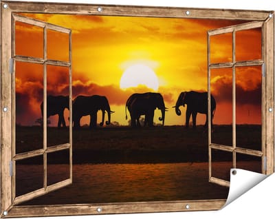 Gards Tuinposter Doorkijk Silhouet Olifanten tijdens Zonsondergang - 120x80 cm - Tuindoek - Tuindecoratie - Wanddecoratie buiten - Tuinschilderij